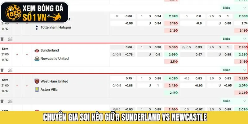 Dự đoán tỷ lệ kèo bóng đá cho trận Sunderland vs Newcastle