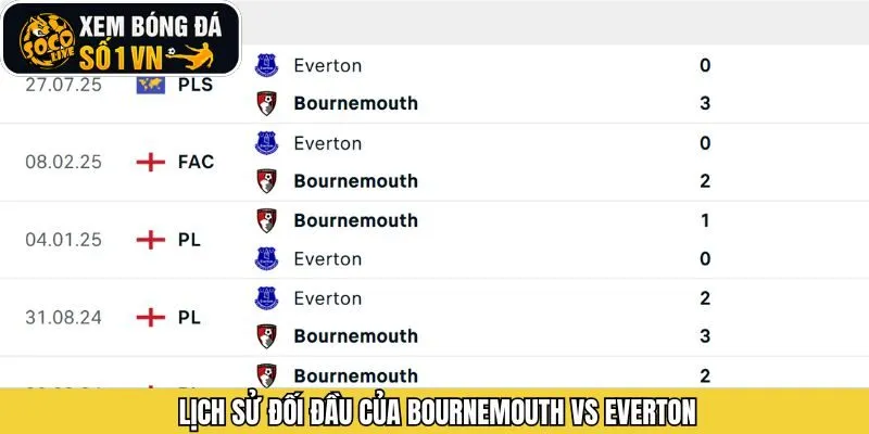 Phân tích các trận đối đầu Bournemouth vs Everton